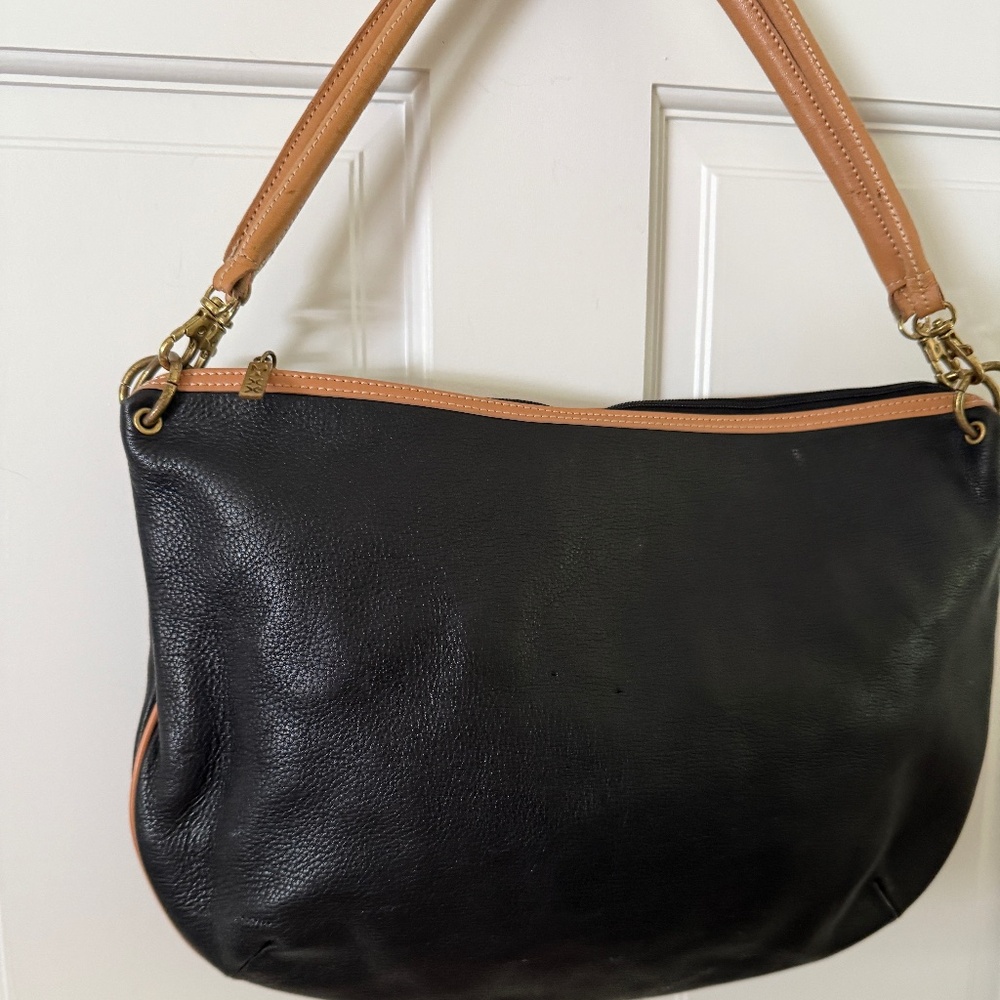 Maxx NY Two Tone Leather Black Beige Shoulder Bag